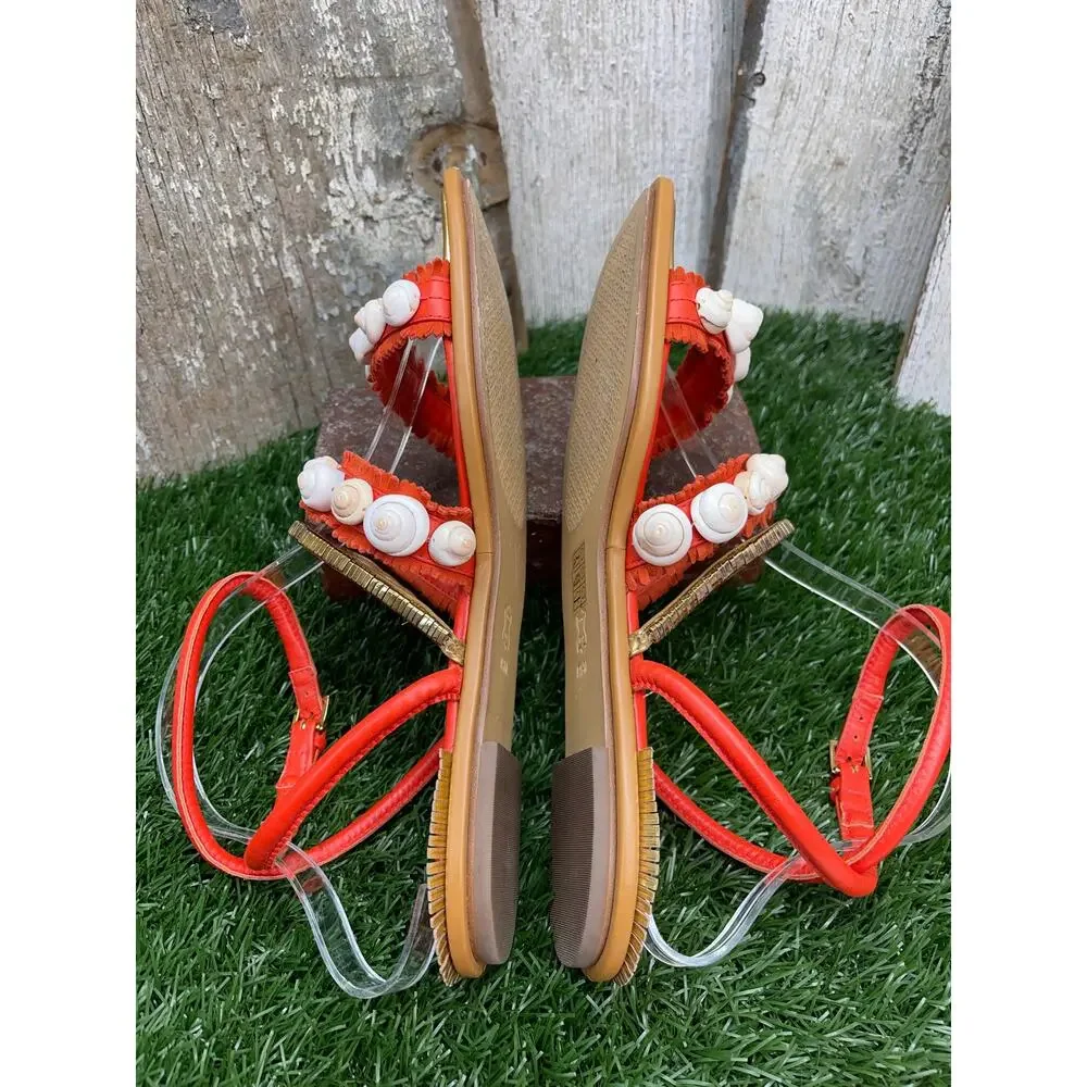 Tory Burch Sinclair Seashell Ankle-Wrap Sandal Coral Orange Red Women's 9.5M